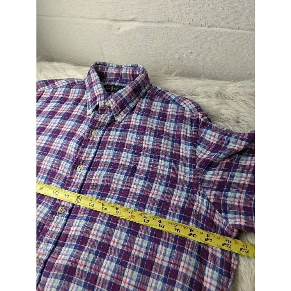 Ralph Lauren Button up Shirt Men Blue Purple Plaid Flannel Cotton Shirt Sz L Lar